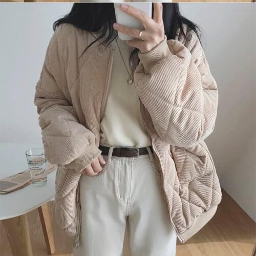 High-Quality Warm Oversize Vintage Wild Coat New 2021 Autumn Winter Women Jackets V-Neck Puffer Corduroy Parkas