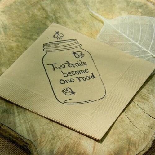 Personalized Ply Paper Cocktail Napkins Two Tails Become One Road Mason Jar Firefly Custom Wedding Light burlap brown 5x5 inches