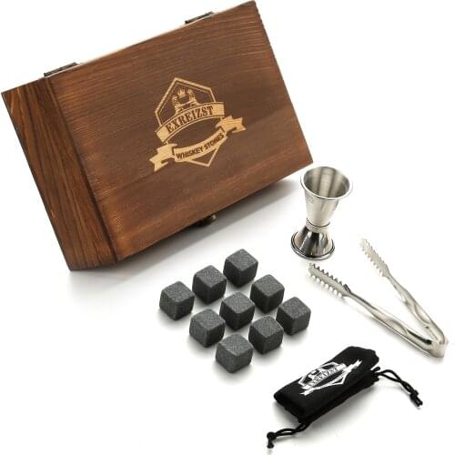 Whiskey Stones Gift Set - 9 Granite Chilling Stones Whisky Rocks - Reusable Ice Cubes with Jigger - Best Drinking Gifts