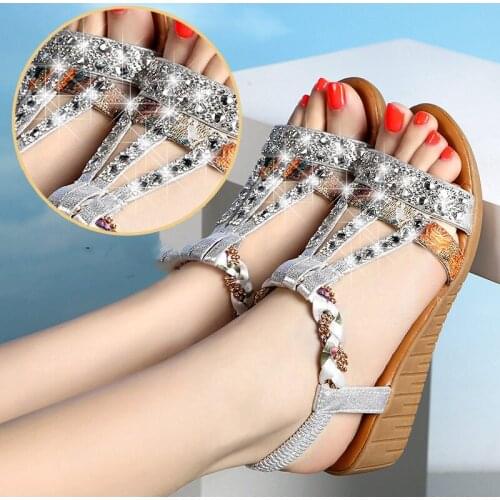 Womens Sandals Summer Bohemia Platform Wedges Shoes Crystal Gladiator Rome lady Beach Shoes Casual Elastic Band Female