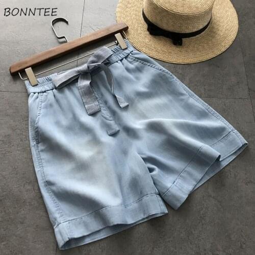 Shorts Women Kawaii Bow Retros Denim Wide Leg Trousers Summer Elastic High Waist Korean Style Preppy All-match Female Holiday