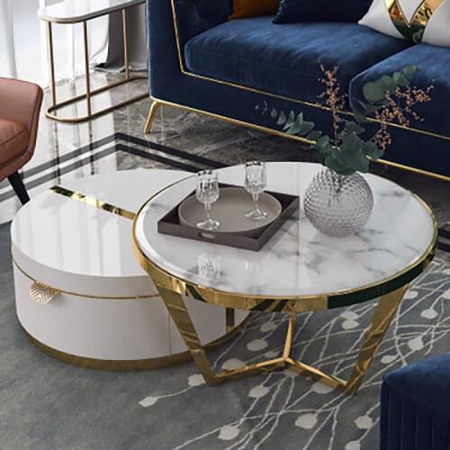 Modern fashion round marble top metal coffee table with drawers elegant luxury custom end table for living room furniture