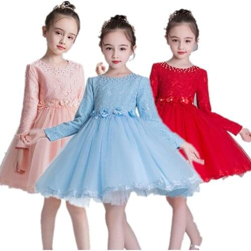 Flower Girl Wedding Dress Lace Party Dresses For Girls Children Elegant Long sleeve Christmas Ball Gown