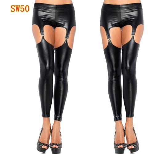 Gothic Wet Look Shiny PU Faux Leather Garter Set Belt Stockings Night Clubwear Sexy Lingerie Leg Harness Suspender Capri Legging
