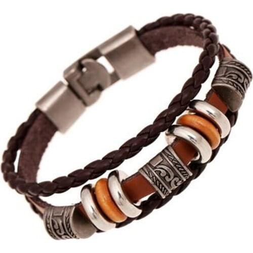 Lucky Vintage Mens Leather Bracelet Wood Beads Charm Multilayer Braided Bracelets Bangles Women Pulseira Masculina