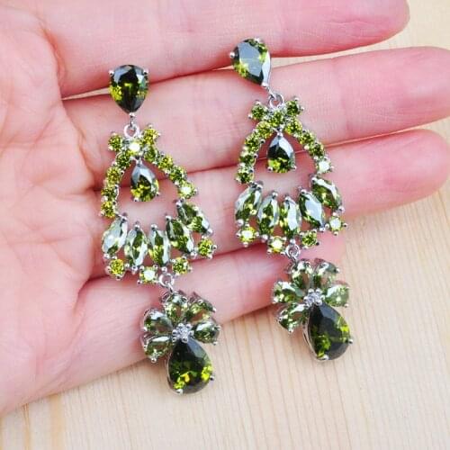 Noble Green Crystal Zirconia Dangle Long Big Chandelier Earrings for Women Engagement Wedding Brides Jewelry