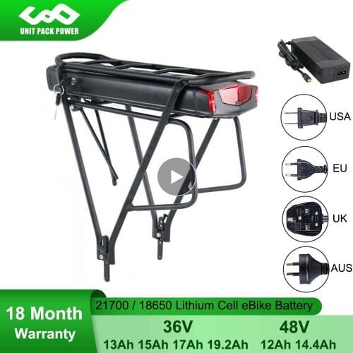 Rear Rack Electric eBike Battery 36V 13Ah 15Ah 48V 14.4Ah 52V 14.4Ah 21700 Lithium Cell Batteries for 1000W 750W 500W 350W Motor