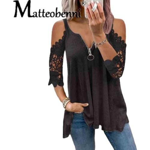 Women tshirts New Patchwork Lace Tops Female Summer Three Quarter Sleeve T-Shirt Casual Loose Female Tees Shirt Plus Size S-5XL