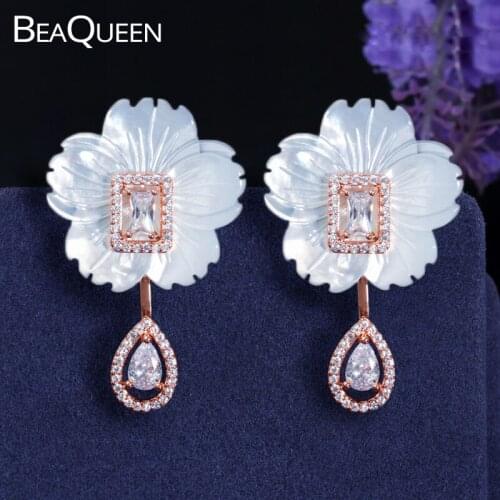 BeaQueen Exclusive White Shell Floral Flower Blossom Cubic Zirconia Big Long Dangle Drop Rose Gold Color Earrings for Women E342