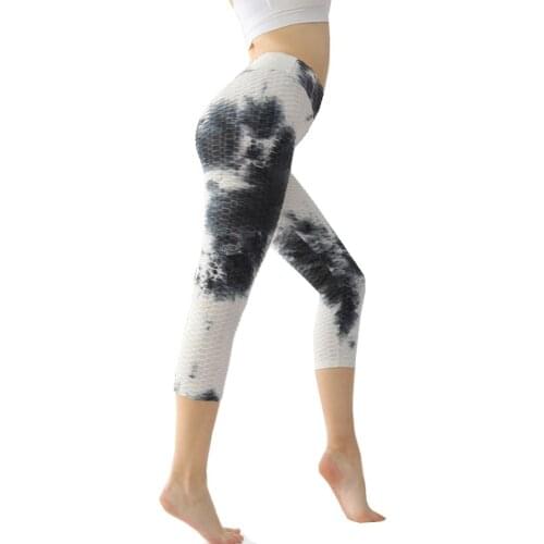 Womens Seven-Point Yoga Pants Peach-Buttocks Yoga Pants Tie-Dyed Bubble Tights High-Waisted Buttocks Jeggings Exercise Pants