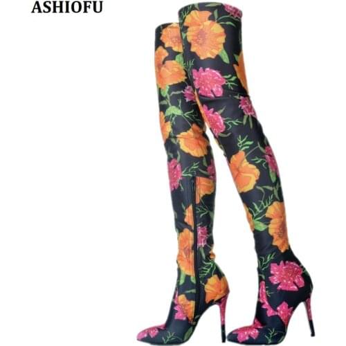 ASHIOFU Handmade New Womens Thigh High Boots Flower Leather Sexy Party Prom Over Knee Boots Night-club Fashion Evening Boots