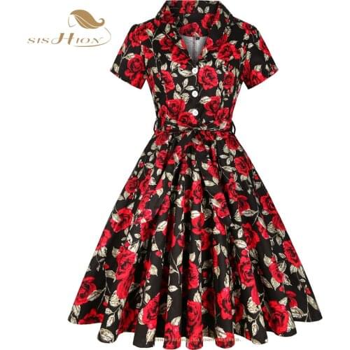 SISHION 2021 Summer New Party Women Floral Dress SD0002 Short Sleeve Plus Size 50s Vintage Boho Y2K Black Dress