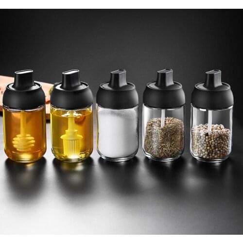 250ML Transparent Glass Seasoning Bottle Spice Container Condiment Airtight Jar With Spoon Kitchen Seasoning Salt Oil