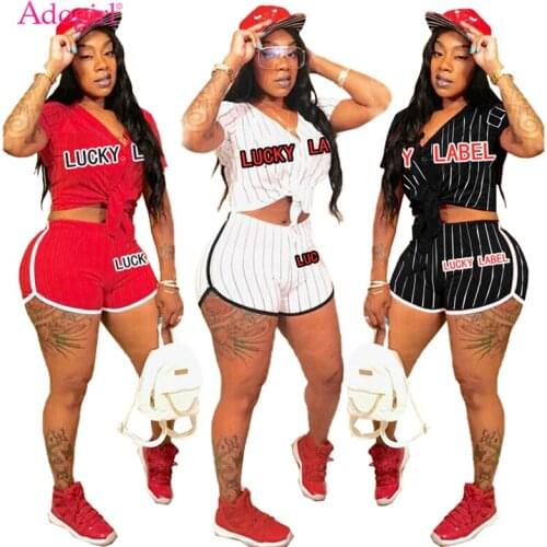 Adogirl LUCKY LABEL Print Striped Baseball Two Piece Set Buttons Short Sleeve Shirt Top And Shorts Casual Sporty Suit Drop Ship
