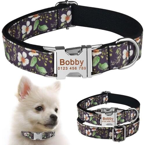 AiruiDog Nylon Personalised Dog Collar Metal Buckle Name ID Engraved Small Large Puppy