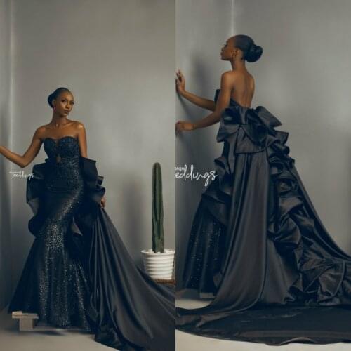 African Black Evening Dresses Detachable Skirt Sweetheart Sparkly Sequined Mermaid Prom Dress Ruffles Custom Made Formal Gowns