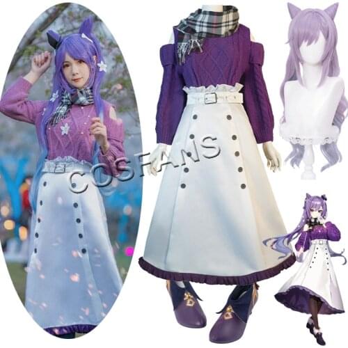 KEQING Cosplay Game Genshin Impact Costumes Cashmere Sweater Anime Project White Skirt Girl JK Clothes Belt Scarf Halloween wig