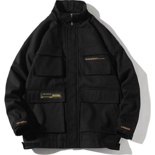 2020 Autumn Cargo Jackets Men Streetwear Solid Color Jacket Hip Hop Long Sleeve Coat Pocket Windbreaker Male Bomber Jackets Men