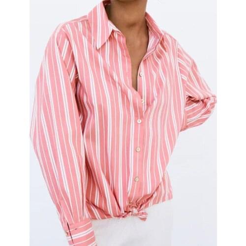 New ladies pink striped printed shirt long-sleeved lapel top casual mid-length blouse