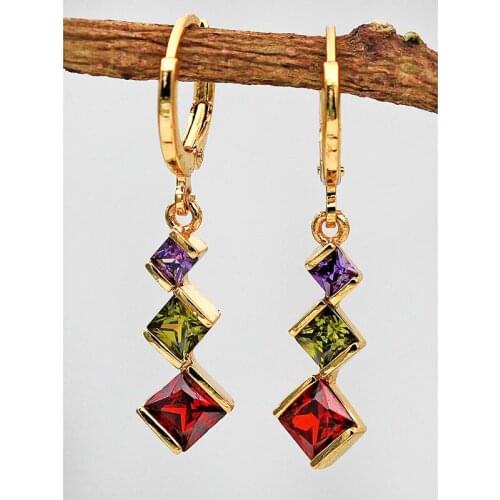 New Luxury Jewelry Bohe Drop Earrings For Women Cubic Square Colorful Zircon Long Gold Dangle Earrings Vocation Style OBS1627