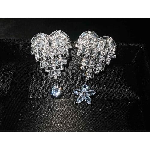 QTT New Cute Love Heart Drop Earring 925 Sterling Silver Big Heart White CZ Earrings for Women Girl Friend Wedding Jewelry