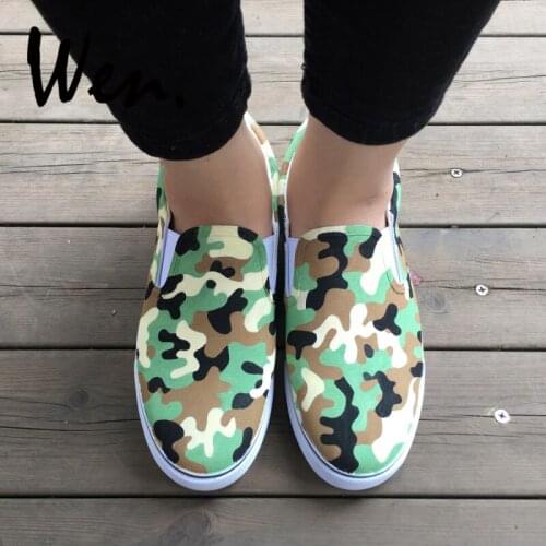 Wen Original Hand Painted Shoes Army Camouflage Pattern Design Custom Flats Slip On Canvas Sneakers Unisex Birthday Gifts