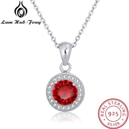 925 Sterling Silver Round Pendant Necklace for Women Red Color Stone Necklace Cubic Zirconia Fine Jewelry (Lam Hub Fong )