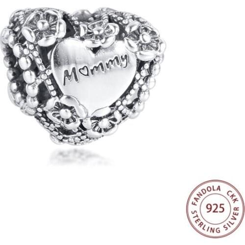 Mothers Day Gift Fit Pandora Bracelet 925 Sterling Silver Openwork Flower Heart Mummy Charms Beads for Women Jewelry Making