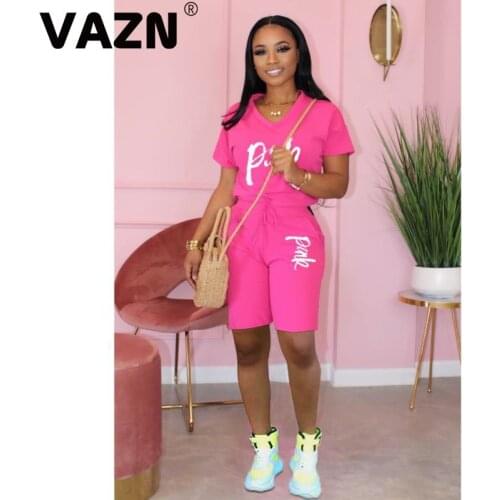 VAZN Popular 2020 summer sexy lady casual 2-piece 2 colors mid set short sleeve V-neck T shirt mid pants set letter plain sets