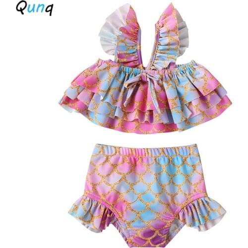 Qunq Summer Baby Girls Swimwear Two Piece Prints Kids Beachwear for 1 2 3 4 5 Year Girls Toddler Children Swimsuits