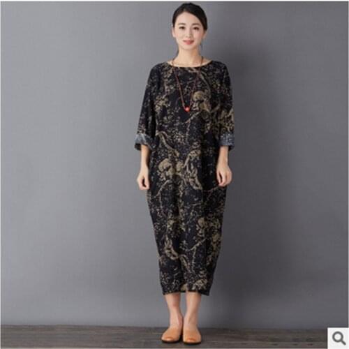 Blue and white Porcelain Retro Cotton and linen Loose Dress