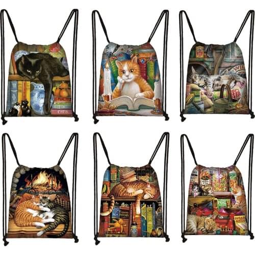 Oil Painting Cat Print Drawstring Bag Children Lightweight Backpack Women Leisure Shopping Bags Dustproof Storage Bag