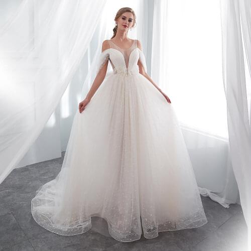 YOUXI Robe De Mariee 2019 Wedding Dress Romantic Off Shoulder Sheer Neck Feather Pearl Empire Waist Lace Bridal Gowns