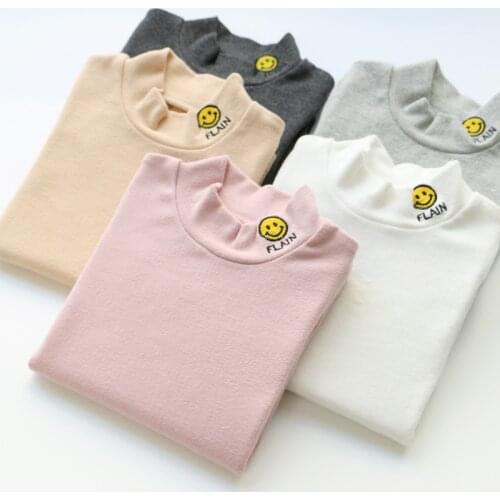 2018 Cotton Toddler Girl Tops Smiley Pattern Embroidery T-shirt For Girls Solid Color Stand Collar Long Sleeve Baby Kids Clothes