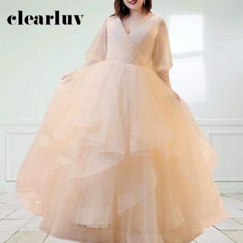 Plus Size Evening Dress DR1073 Champagne V-neck Sexy Evening Dresses Long Half Sleeve Tulle Evening Gowns Tiered Robe De Soiree