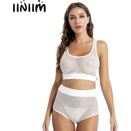 Women Exotic Apparel Hollow Out See-through Mesh Lingerie Set Erotic Sexy Sleeveless Cropped Tank Tops with Elastic Fishnet Pant