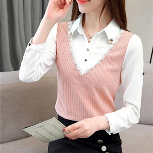 2021 Spring Autumn Women Fleece Bottoming Blouse Female Patchwork Lace Shirt Turn-down Collar Lapel Long Sleeve Tops
