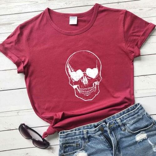 Skull T-Shirt with Heart Eyes women fashion unisex pure cotton gothic halloween party grunge tumblr tees party gift holiday tops