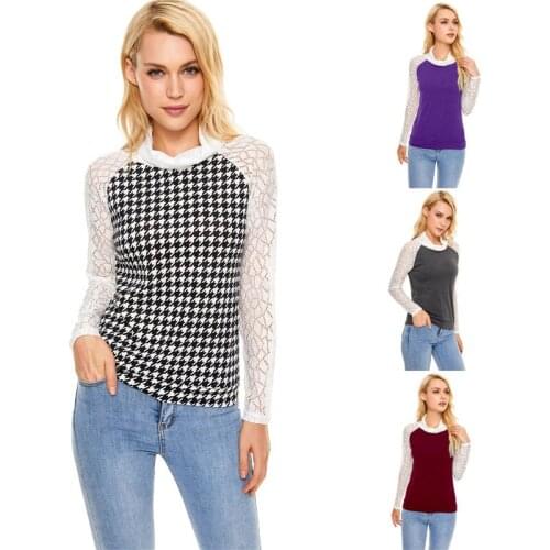 Women Lace Mujer Woman Tshirts Camisetas Fashion Lace Floral Splicing Turtleneck Long Sleeve T-shirt Tops Sweet Top