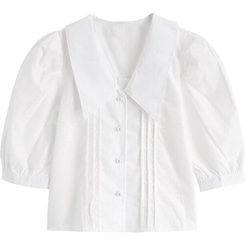 2021 New Summer Tops Women Casual Cute Elegant Office Short Puff Sleeve Big Turn Down Collor Slim Pleated White Shirt Blouse