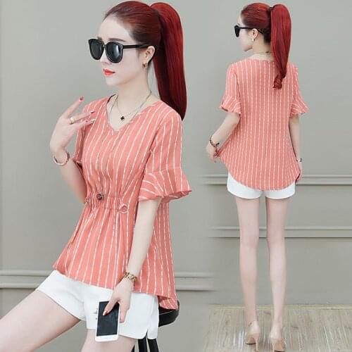 Women Casual Short Flare Sleeve Chiffon Blusas Tops Lady Striped Printed Spring Summer Style V-Neck Blusas Tops