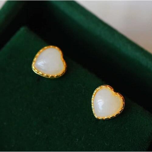 Love Heart Stud Earrings Female Heart-Shaped Sterling Silver S925 Small and Simple Hetian Jade Peach Heart Earrings Cute Sweet T