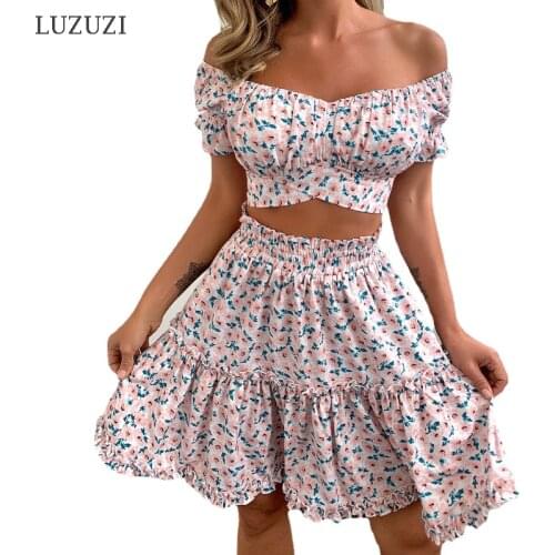 LUZUZI Ruffle Floral Print Womens Summer Suit Off Shoulder Puff Sleeves Top And Hight Waist Mini Skirts Suits Two Sweet Outfits