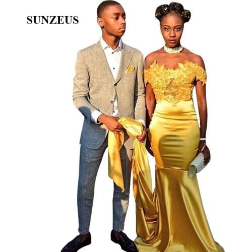 Off Shoulder Appliques Prom Dresses Mermaid Long Gold Party Gowns Sweep Train Satin Ballkleider Gala Jurk