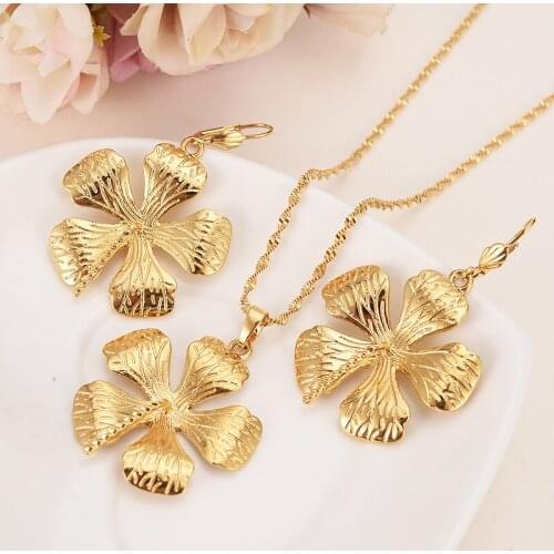Gold african New Brides big Flower Pendant earrings Statement Necklace Jewelry Sets for women girls party Romantic fine gifts