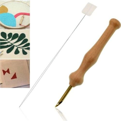 1pcs Nature Color Sewing Felting Tools Wooden Handle Punch Needle Threader Solid Wood/Metal Copper Durable