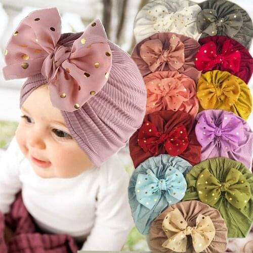11Pcs/Lot Solid Ribbed Turban Hat for Baby Boys Girls Chiffon Glod Dot Bowknot Beanies Infant Photo Props Newborn Caps Headwraps