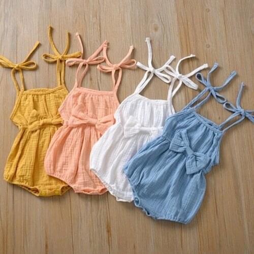 2021 Summer Baby Clothing Newborn Baby Girls Cute Clothes Srap Romper Cotton Linen Solid Jumpsuit Bowknot Outfits Set Soft