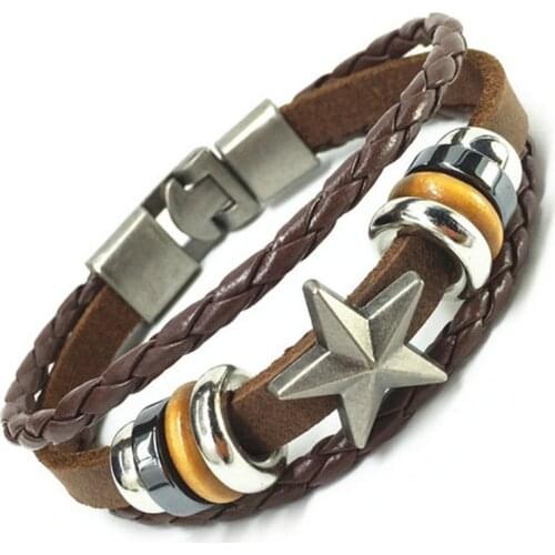 2016 Punk Vintage Skull Skeleton Five Point Star Cross Charm Cuff Genuine Leather Bracelets & Bangels Men Jewelry Accessories