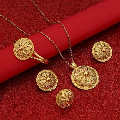 Ethiopian Sets Necklace Bangle Earrings Ring Jewelry Sets Gold Color Eritrean Best Holiday Gift